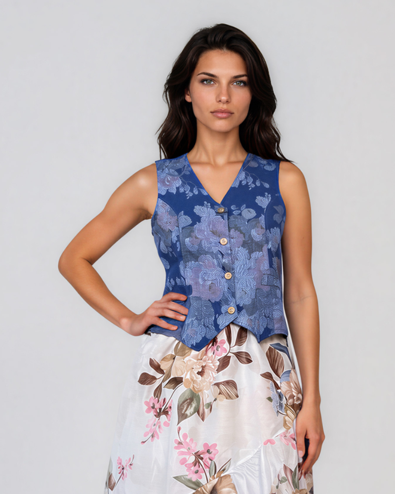 Vestă scurtă din in cu print floral albastru PR911