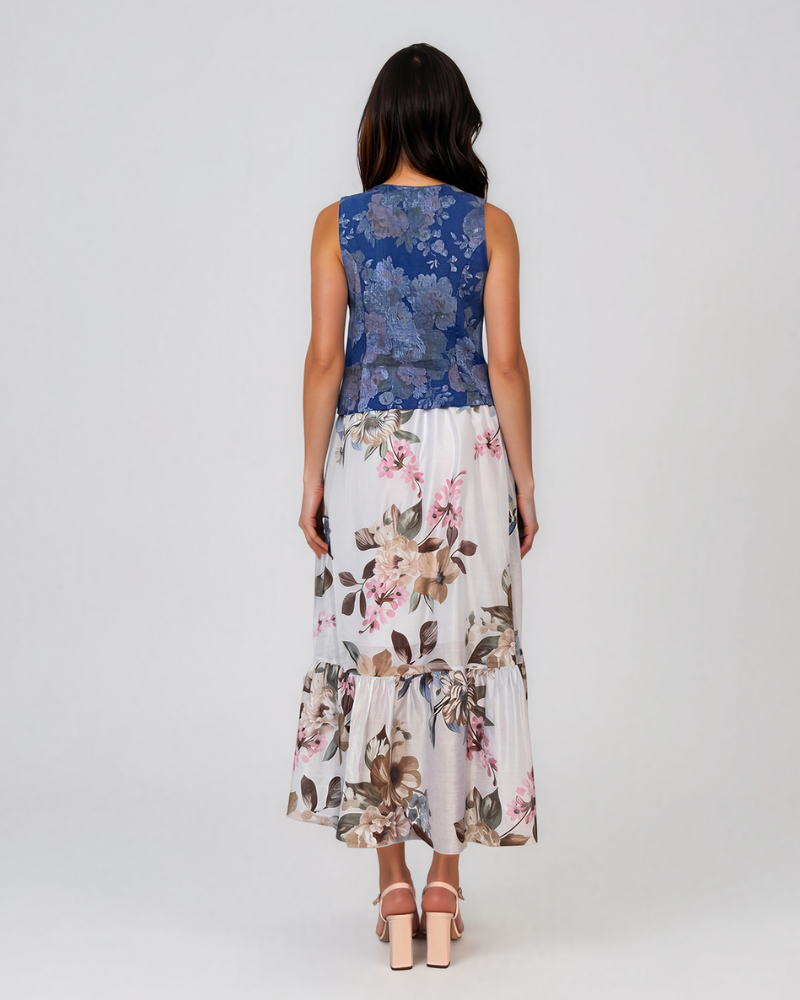 Vestă scurtă din in cu print floral albastru PR911