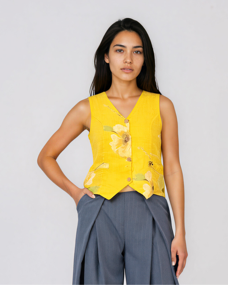 Vestă scurtă din in cu print floral galben PR911