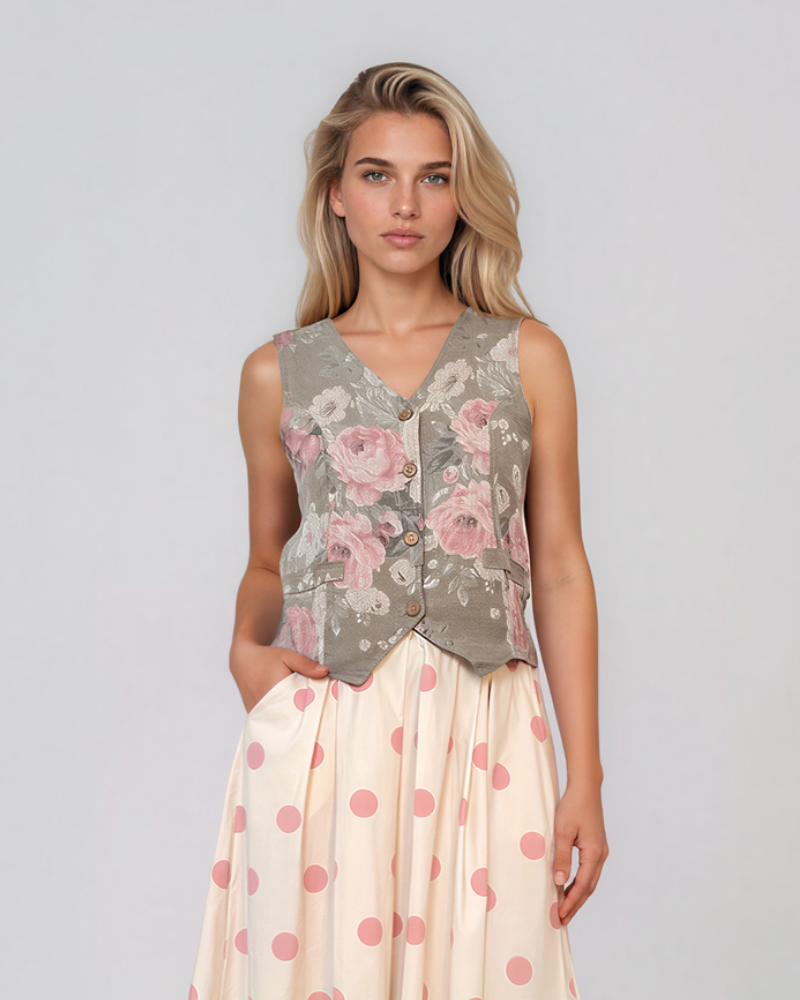 Vestă scurtă din in cu print floral grej PR911
