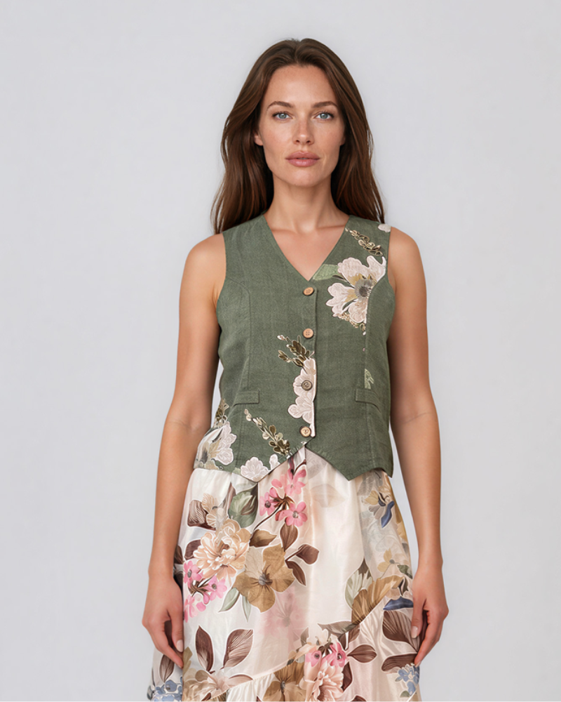 Vestă scurtă din in cu print floral kaki PR911